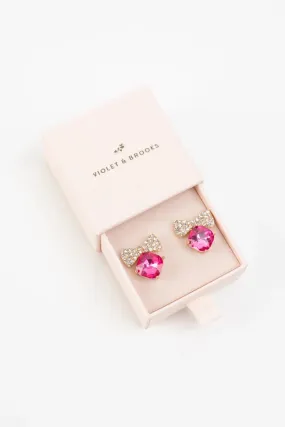 Bow Tie Crystal Post Earrings- Pink