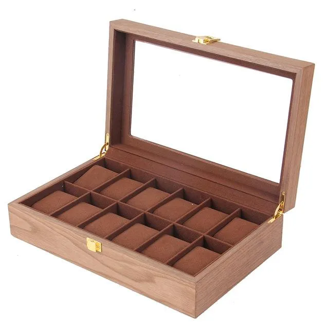 Brown Luxury 12 Grids Solid Wood Watch Storage Box