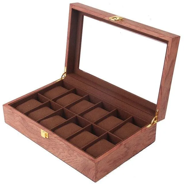 Brown Luxury 12 Grids Solid Wood Watch Storage Box