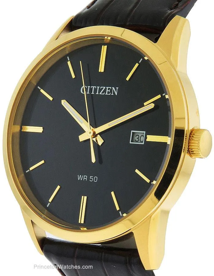 Citizen Mens Quartz - Gold-Tone - Brown Leather Strap - Black Dial - Date - 50m