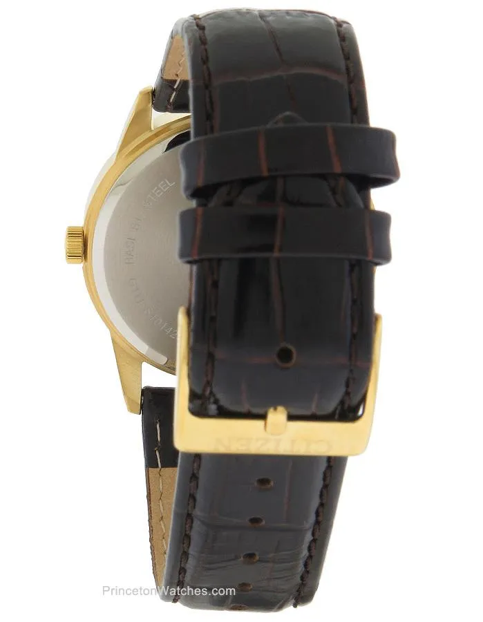 Citizen Mens Quartz - Gold-Tone - Brown Leather Strap - Black Dial - Date - 50m