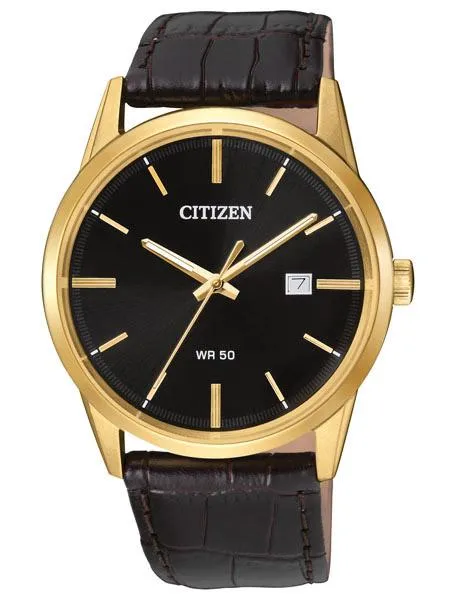 Citizen Mens Quartz - Gold-Tone - Brown Leather Strap - Black Dial - Date - 50m