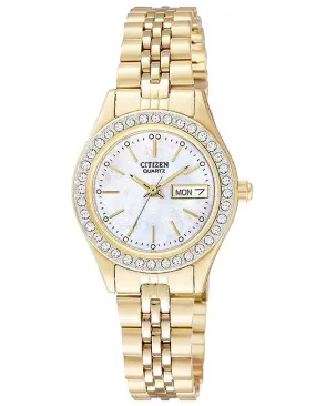 Citizen Quartz Gold-Tone Crystal Ladies Watch - MOP Dial - Bracelet - Day/Date