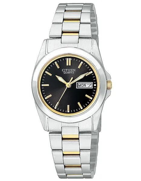 Citizen Quartz Ladies Two-Tone Day/Date Watch - Black Dial - 30 Meter WR