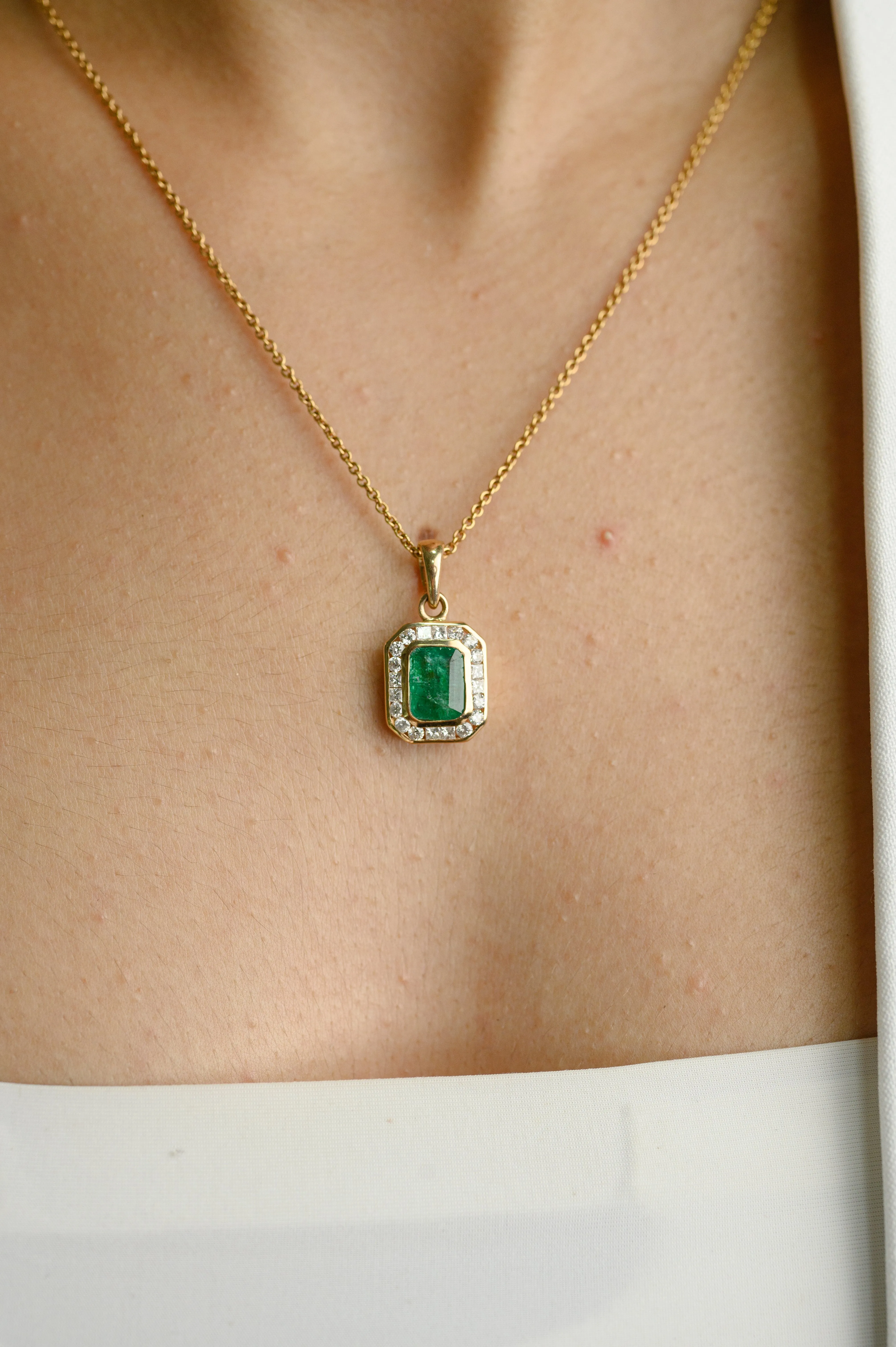 Contemporary Emerald Halo Diamond Pendant 14k Gold