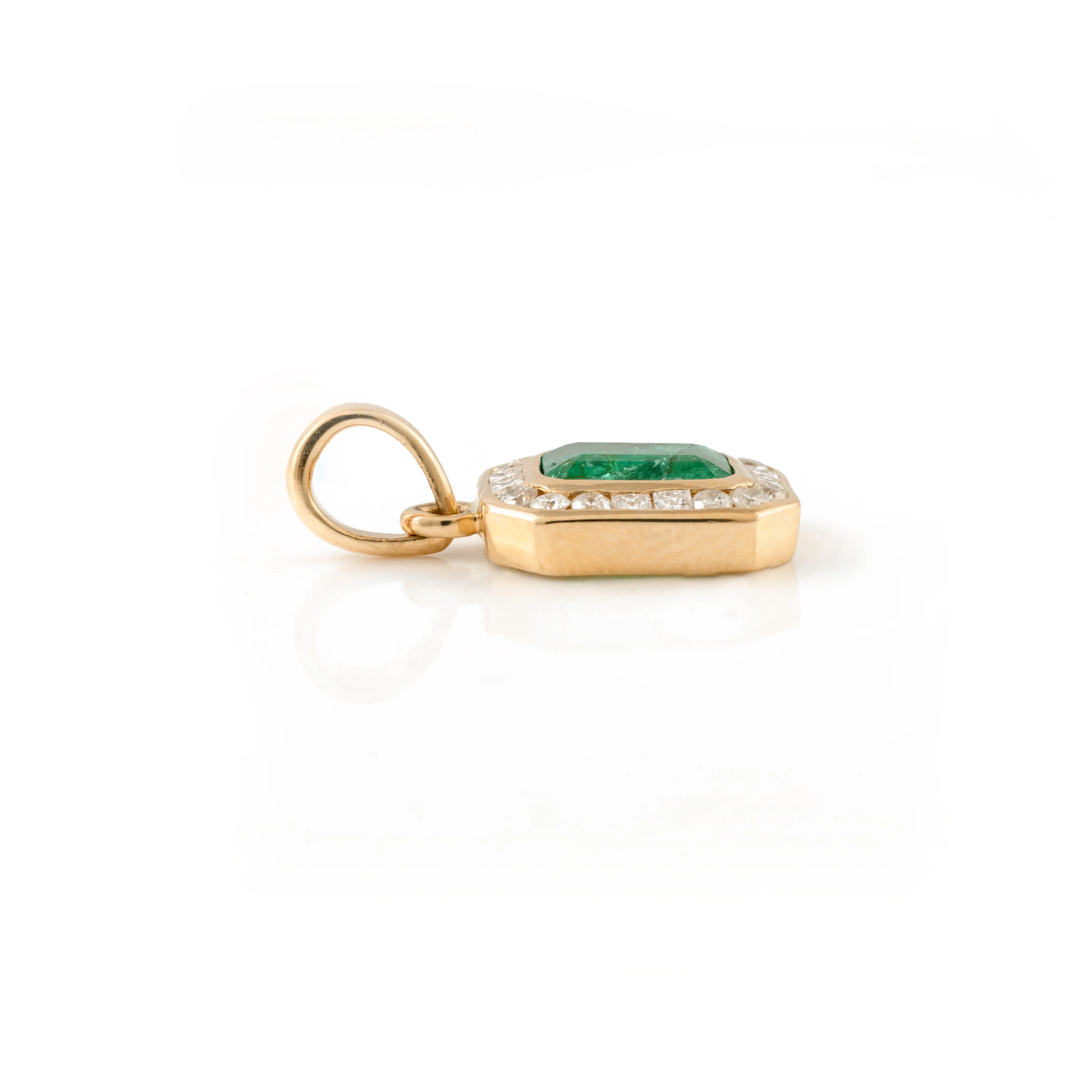 Contemporary Emerald Halo Diamond Pendant 14k Gold