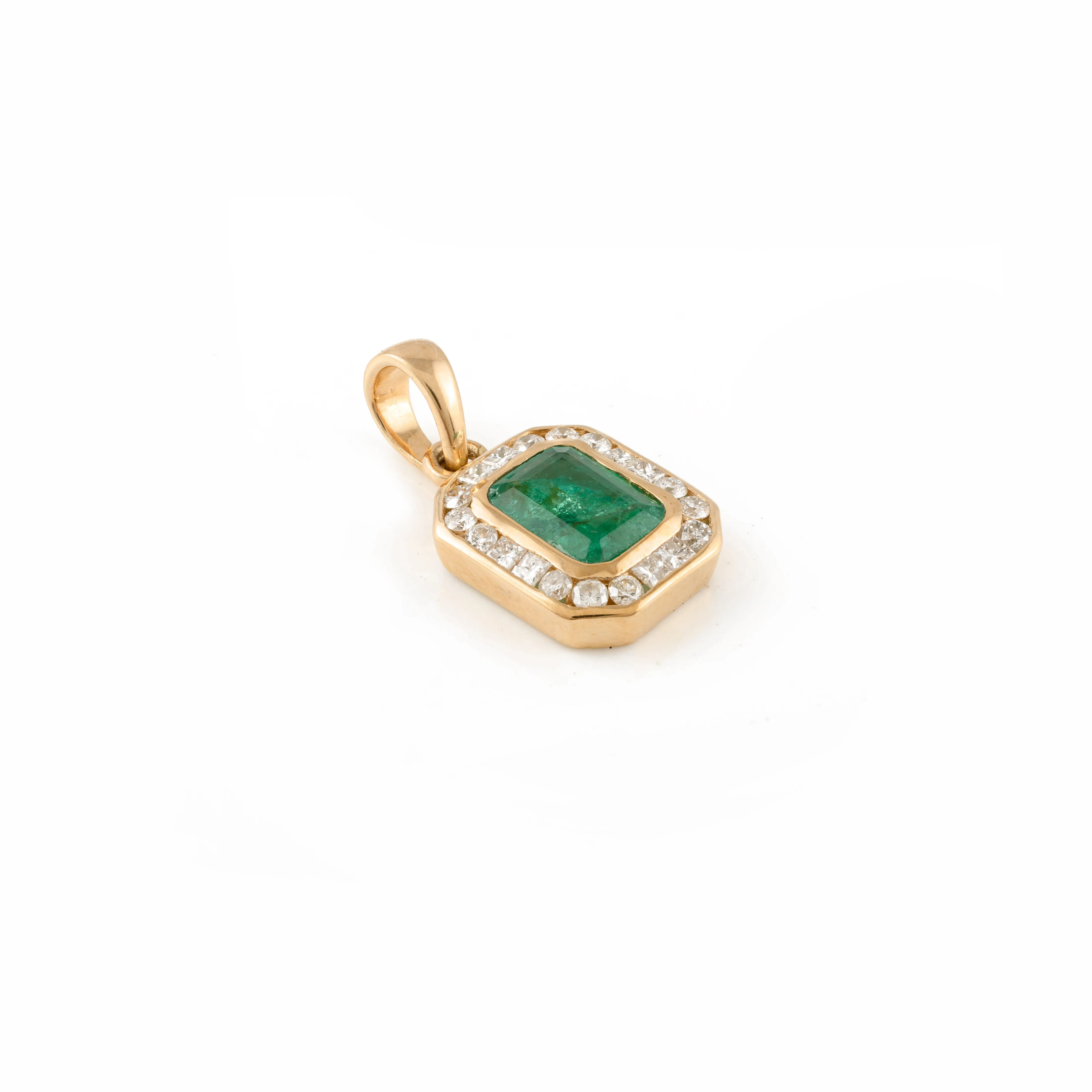 Contemporary Emerald Halo Diamond Pendant 14k Gold