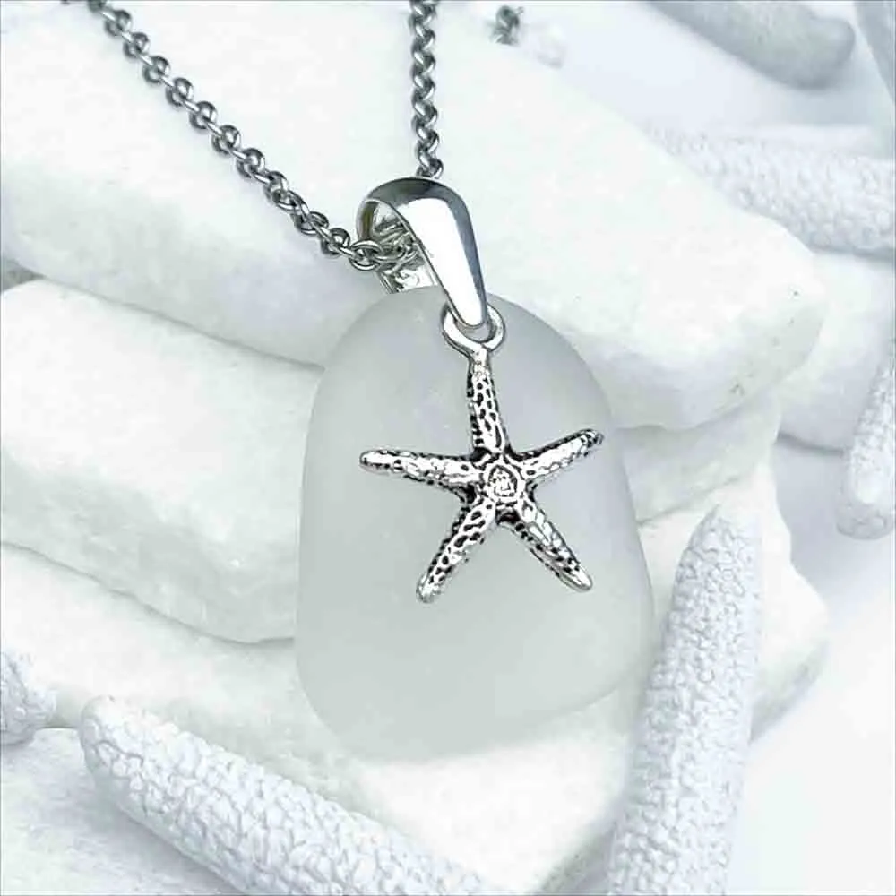 Crystal Clear Bottle Bottom Sea Glass Pendant with Starfish Charm | #5201