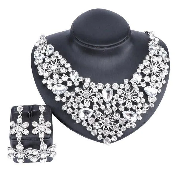 Crystal Flower Necklace & Earrings Wedding Statement Jewelry Set