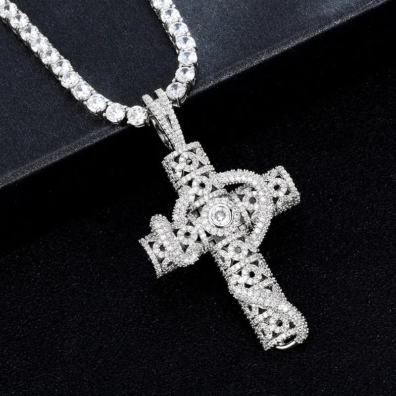 Cubic-Zirconia-Studded Cross Bling Hip-hop Pendant Necklace