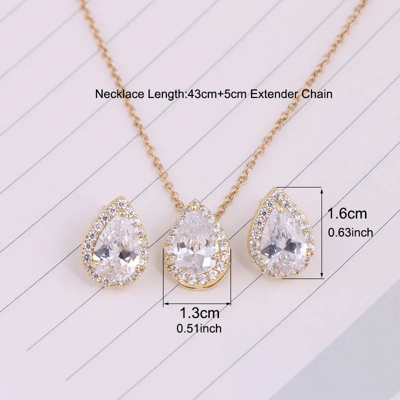 CZ  Tear Drop Crystal Luxury Pendant Necklace Set - 3 Colors