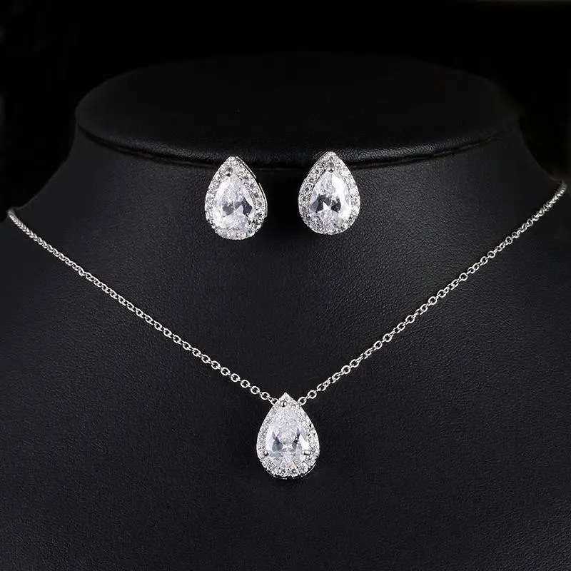 CZ  Tear Drop Crystal Luxury Pendant Necklace Set - 3 Colors