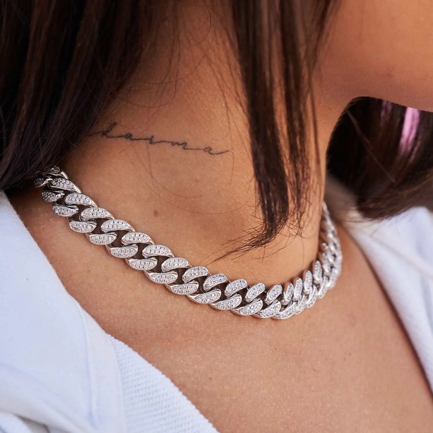 Diamond Cuban Link Choker in White Gold - 12mm