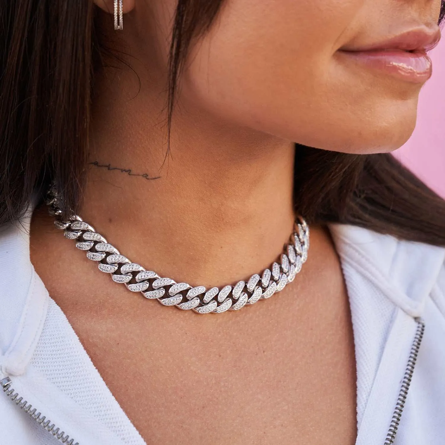 Diamond Cuban Link Choker in White Gold - 12mm