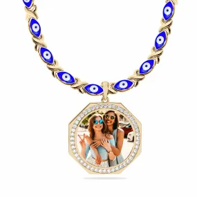 Evil Eye Xo Chain Iced Out Round Photo Pendant