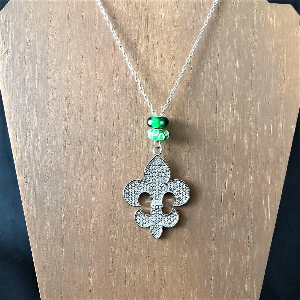 Fleur de Lis Long Silver and Crystal Pendant