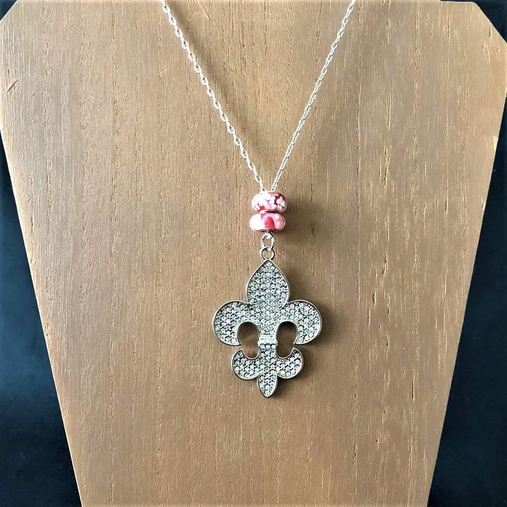 Fleur de Lis Long Silver and Crystal Pendant