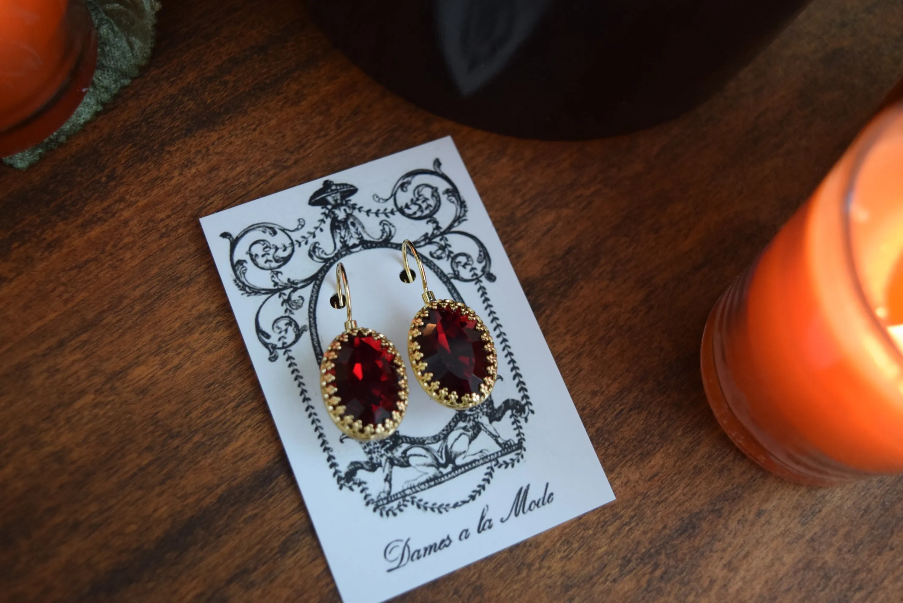 Garnet Swarovski Crown Set Crystal Earrings - Large Oval