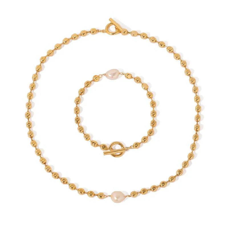 Gold Beaded Pearl Choker Necklace and Bracelet (Purchase Individually)