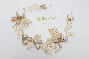 Gold Crystals Leaves Wedding Hair Vine/ Comb, Pearl Bridal Hair Vine, Rhinestone Headband, Delicate Headband, Statement hair accessories.