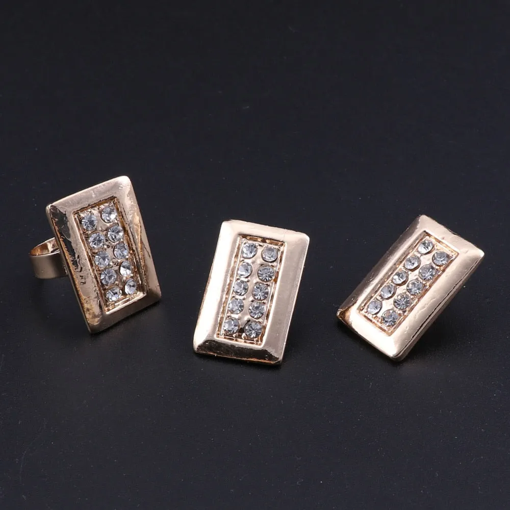 Gold-Plated Rectangular Crystal Necklace, Bracelet, Earrings & Ring Wedding Jewelry Set