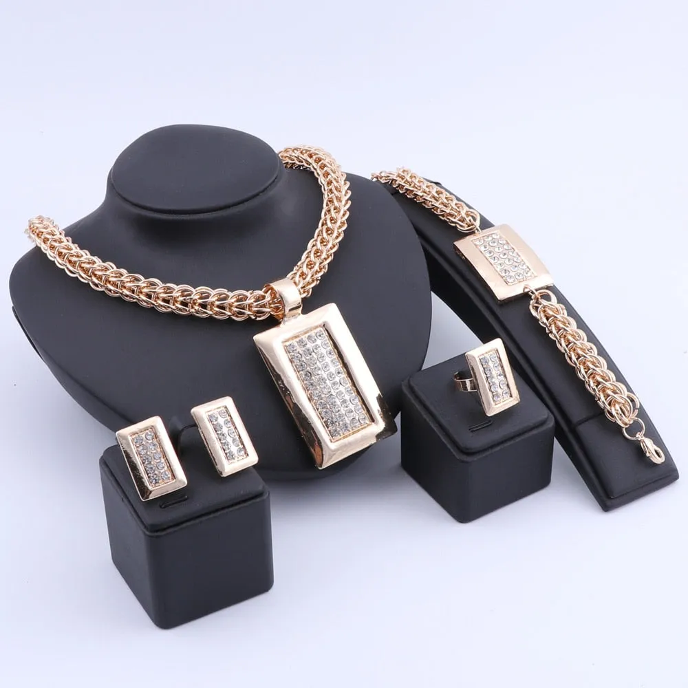 Gold-Plated Rectangular Crystal Necklace, Bracelet, Earrings & Ring Wedding Jewelry Set