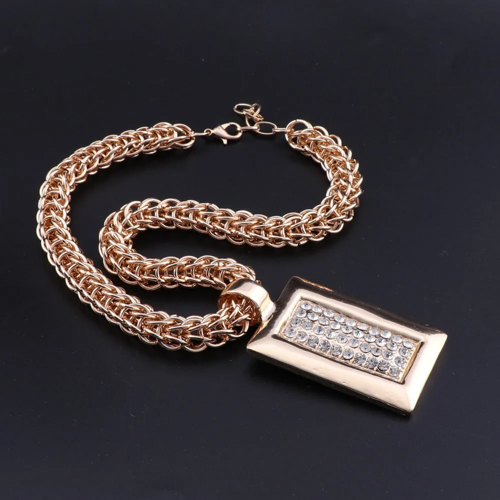 Gold-Plated Rectangular Crystal Necklace, Bracelet, Earrings & Ring Wedding Jewelry Set