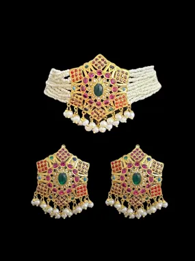 Gold plated silver choker set  in Navratan ( READY TO SHIP)