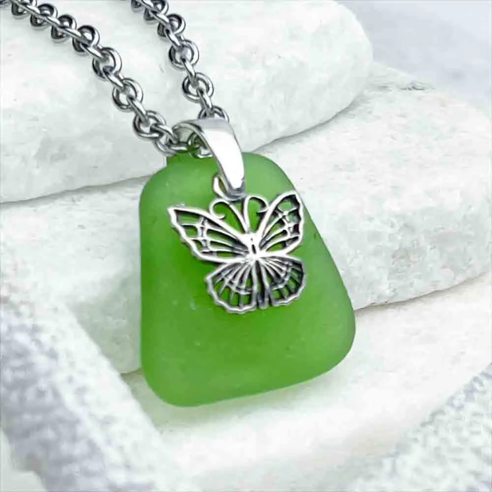 Green Sea Glass Pendant with Sterling Silver Butterfly Charm | #1886