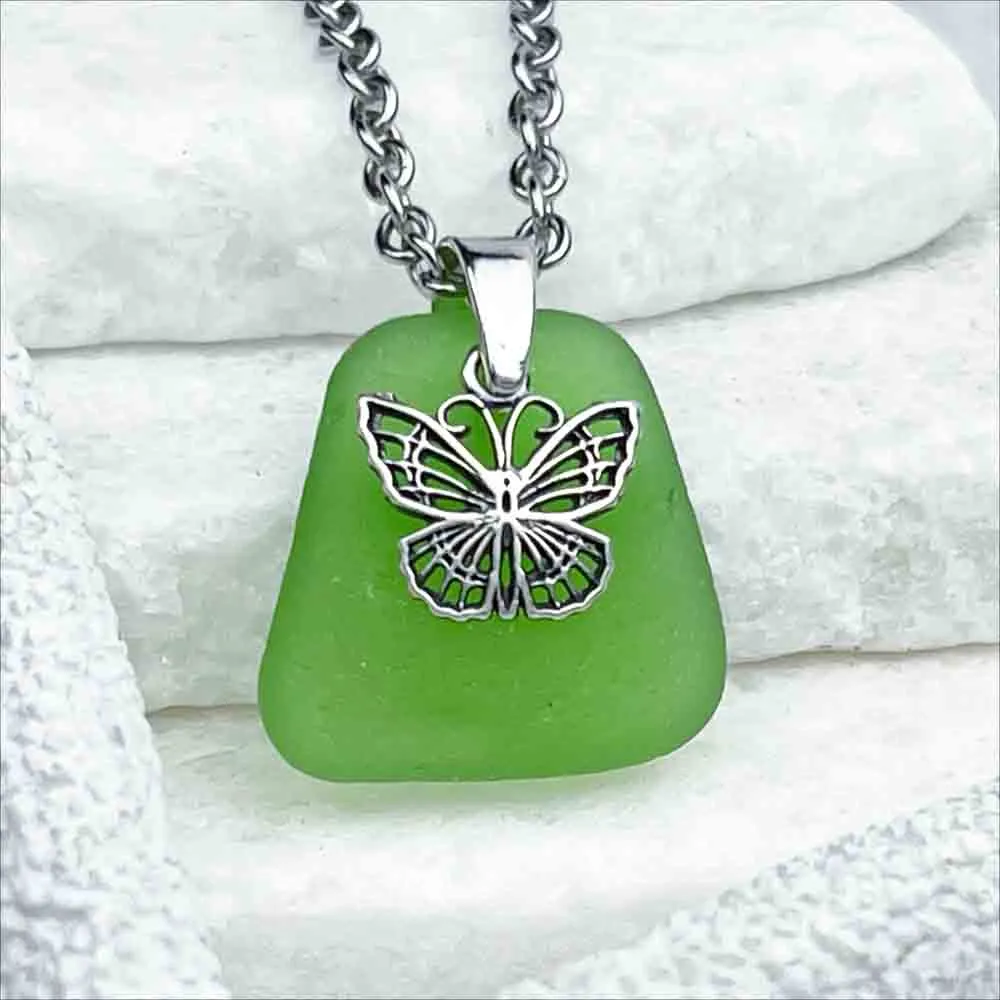 Green Sea Glass Pendant with Sterling Silver Butterfly Charm | #1886