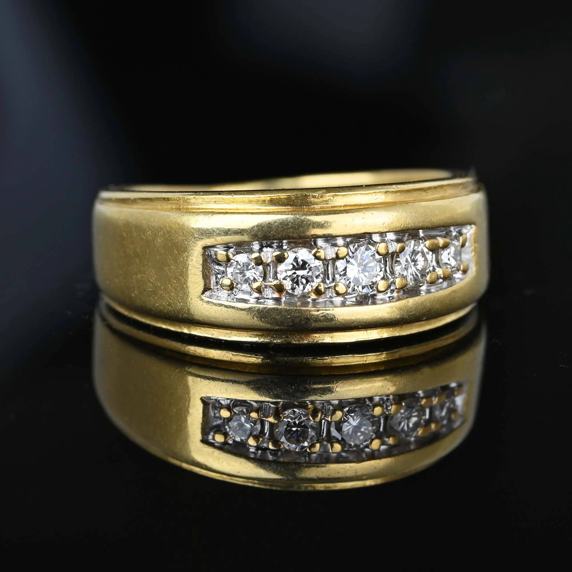 Heavy 14K Gold Wide Band Five Stone Diamond Ring Unisex