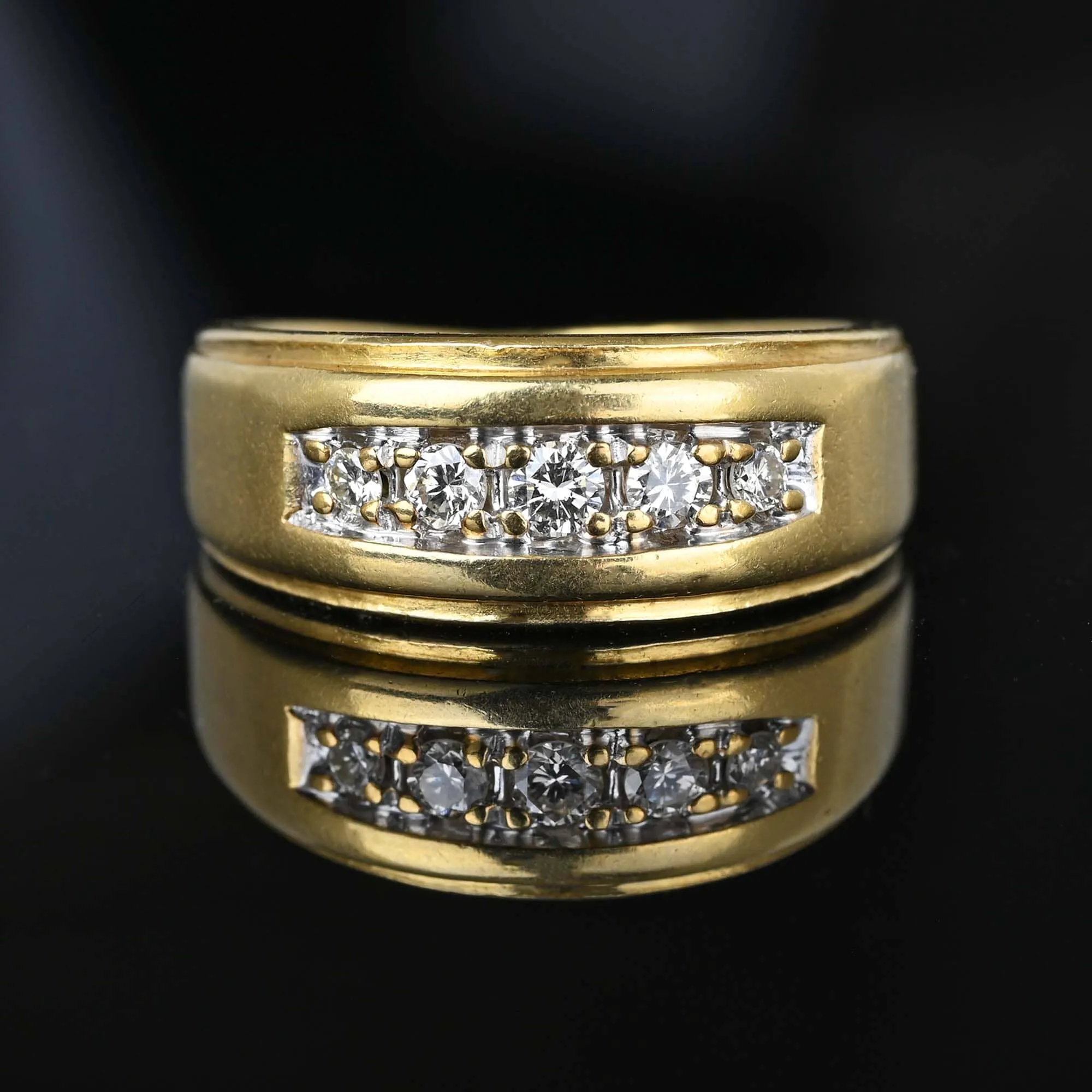 Heavy 14K Gold Wide Band Five Stone Diamond Ring Unisex