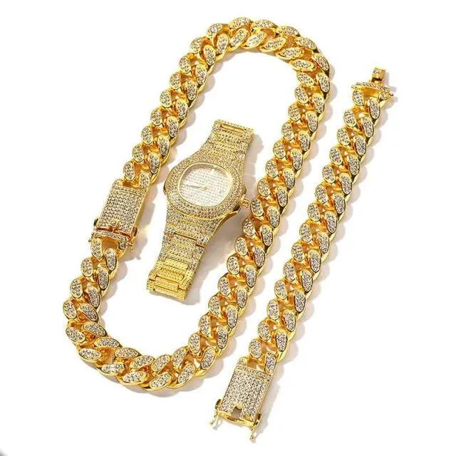 Iced Out Chain Paved Rhinestones Bling Watch Set for Men