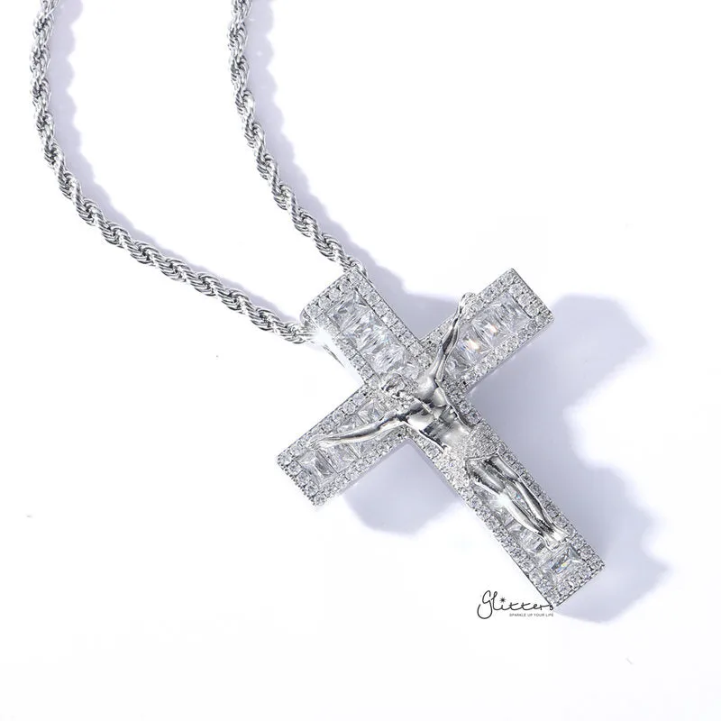 Iced Out Jesus Crucifix Cross Pendant - Silver