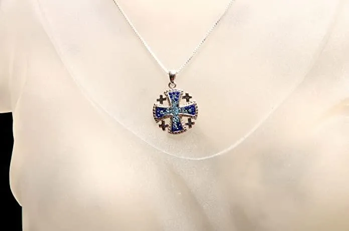 Jerusalem Cross Pendant Blue Gemstone Sterling Silver 925