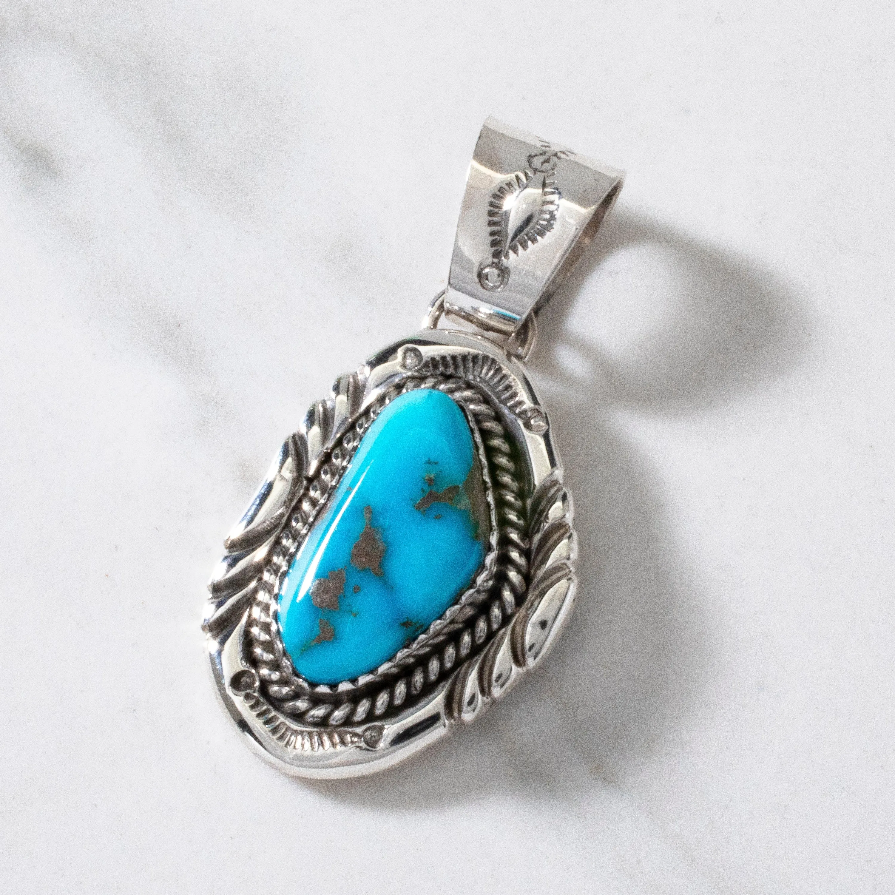 Joe Piaso Jr. Navajo Sleeping Beauty Turquoise USA Native American Made 925 Sterling Silver Pendant