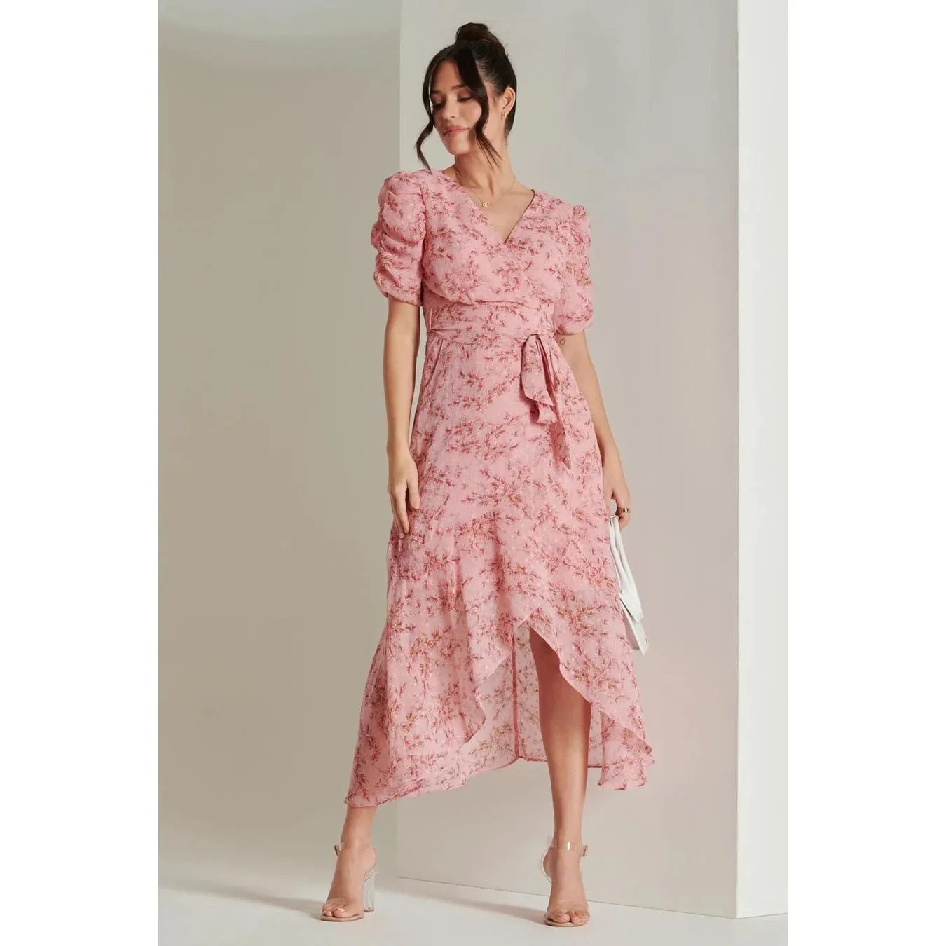 Jolie Moi Pink Textured Chiffon Waterfall Wrap Dress