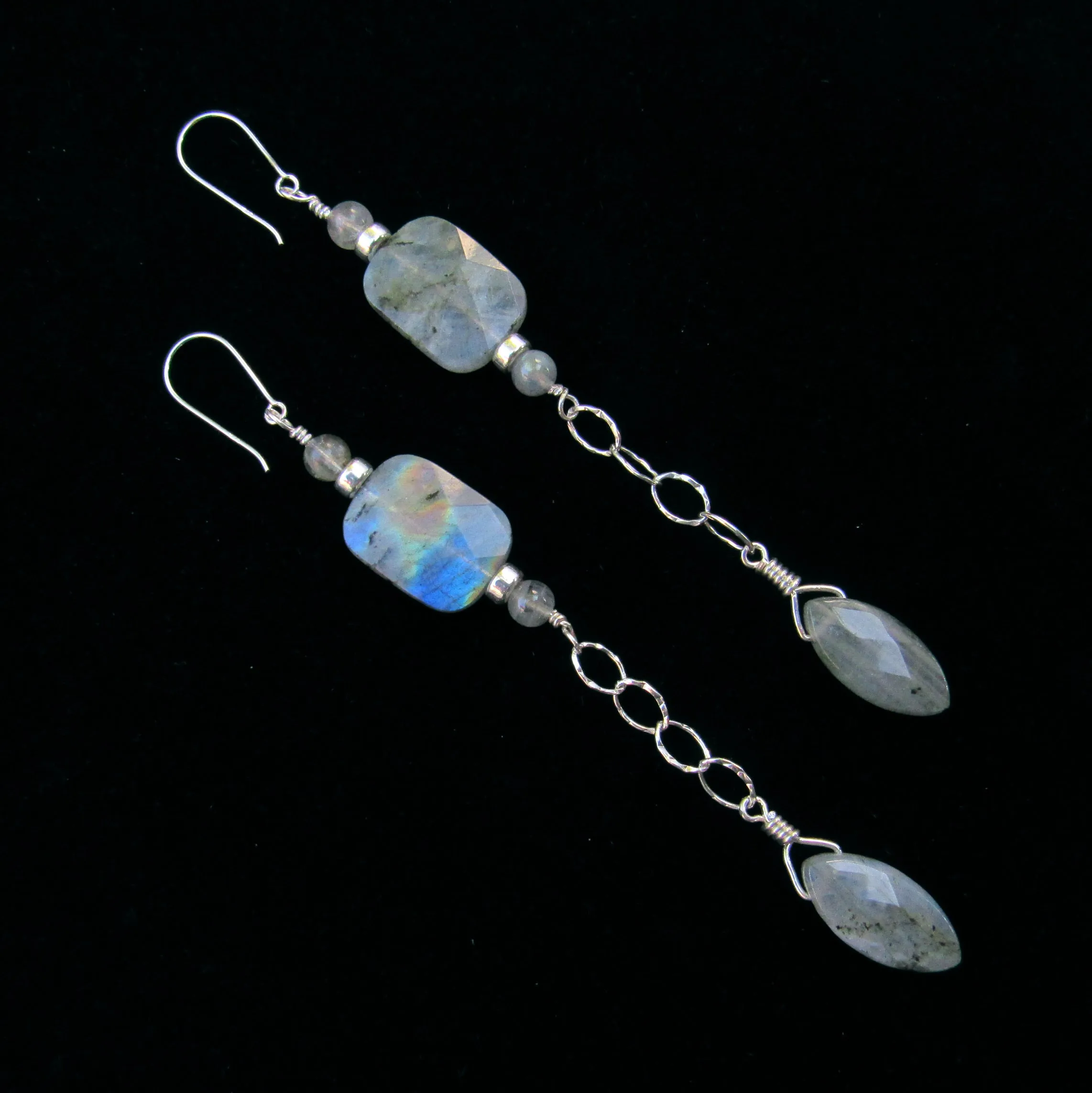 Labradorite Gemstone and Sterling Silver Long Drop earrings