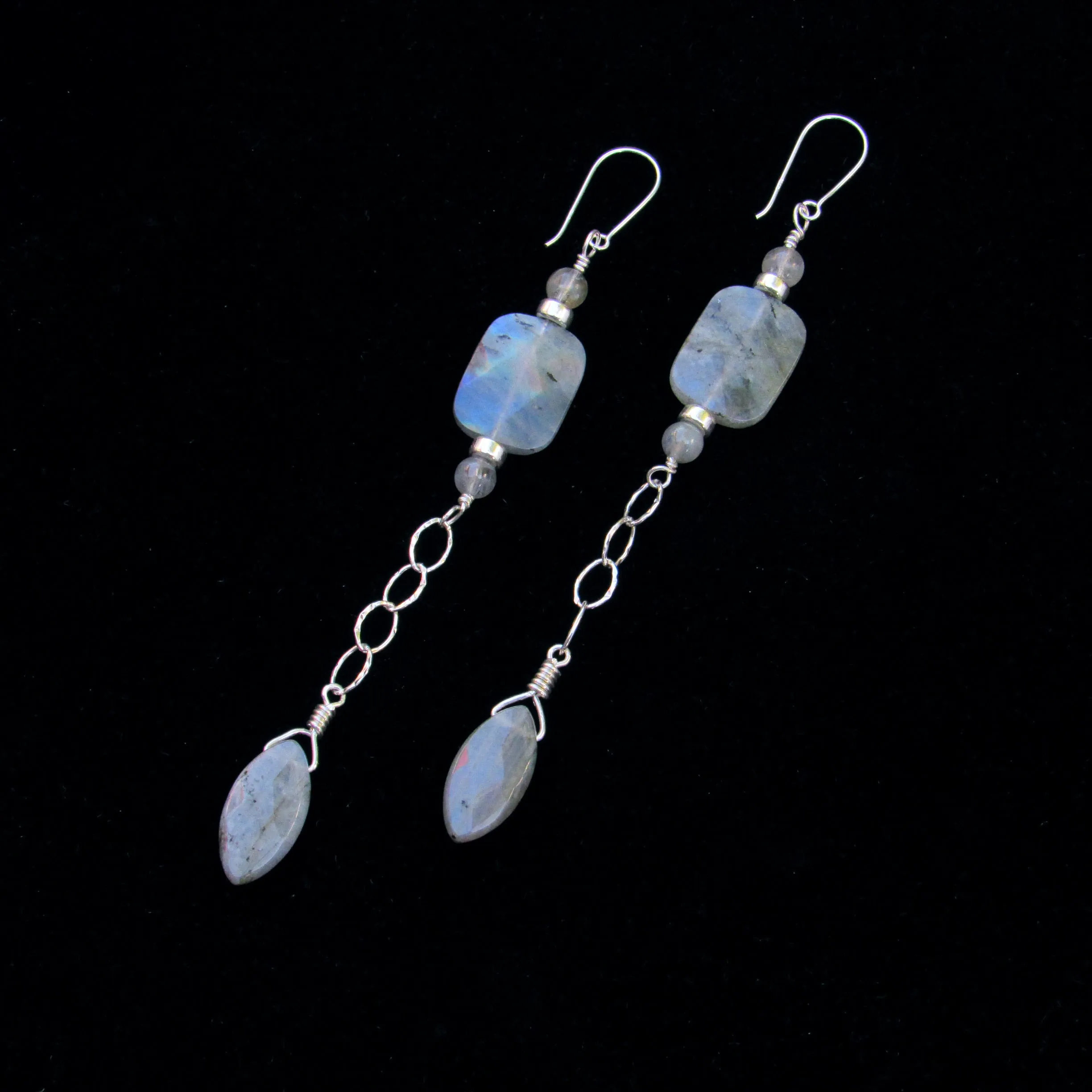 Labradorite Gemstone and Sterling Silver Long Drop earrings