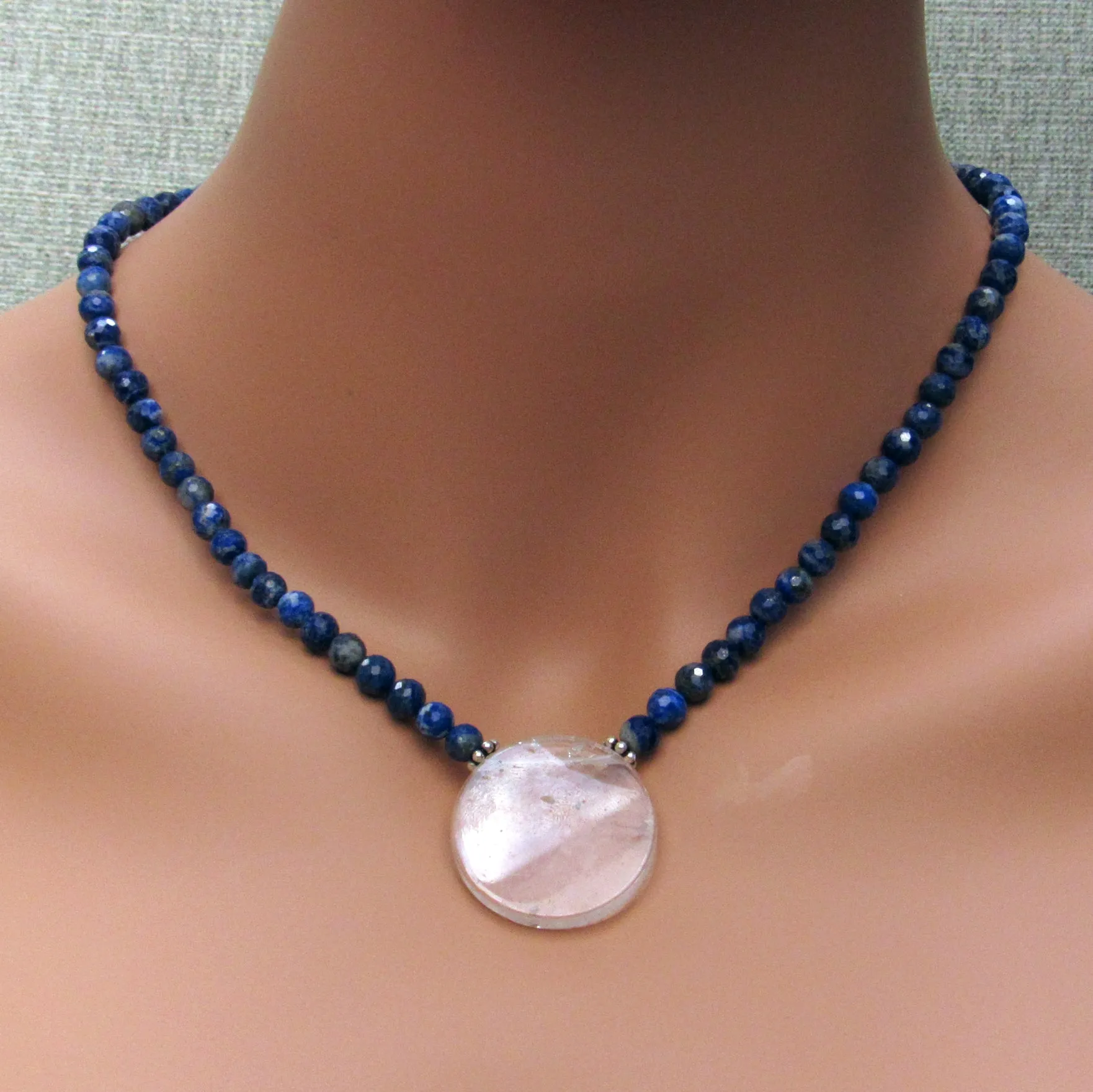 Lapis Lazuli and Clear Quartz gemstone disk Pendant necklaces