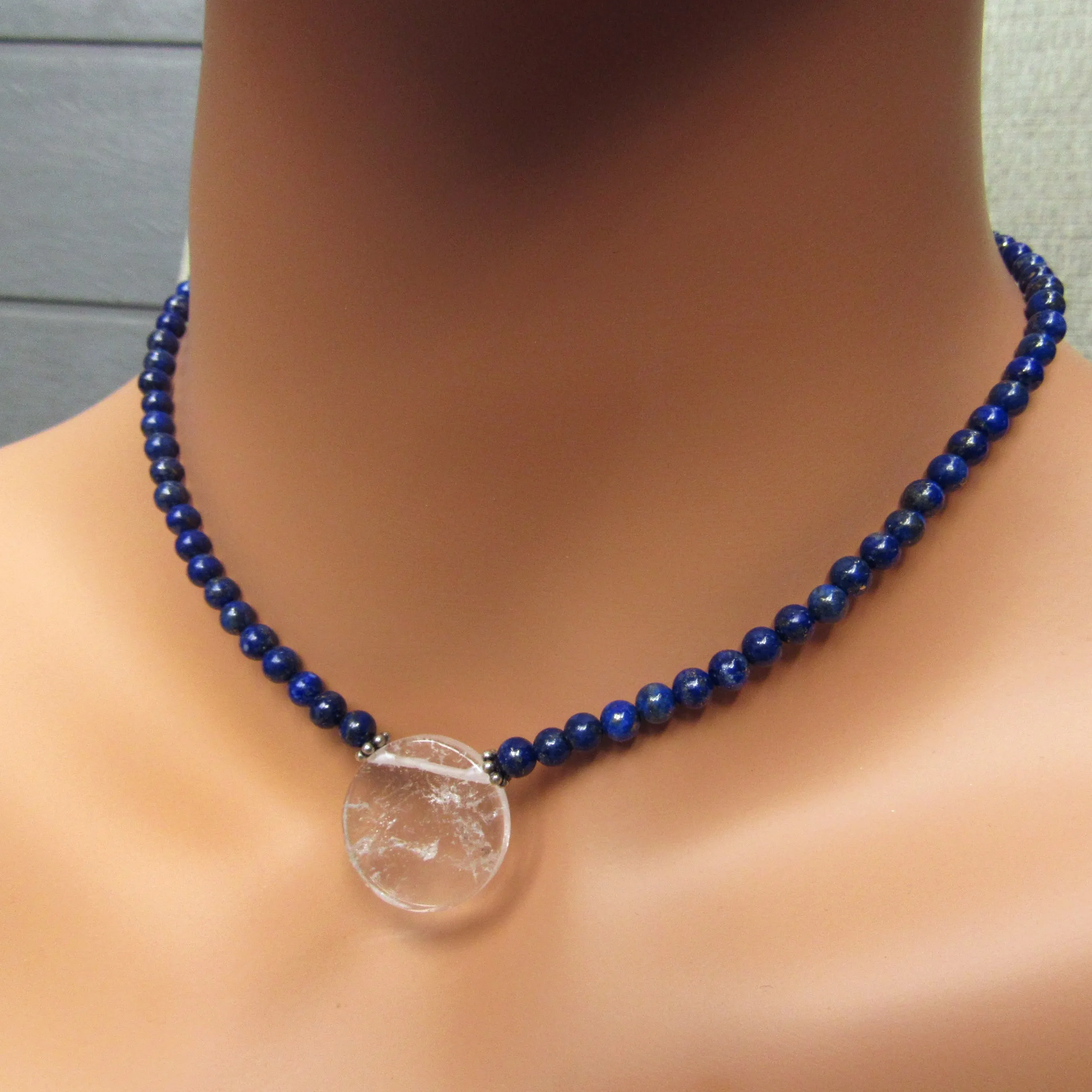 Lapis Lazuli and Clear Quartz gemstone disk Pendant necklaces