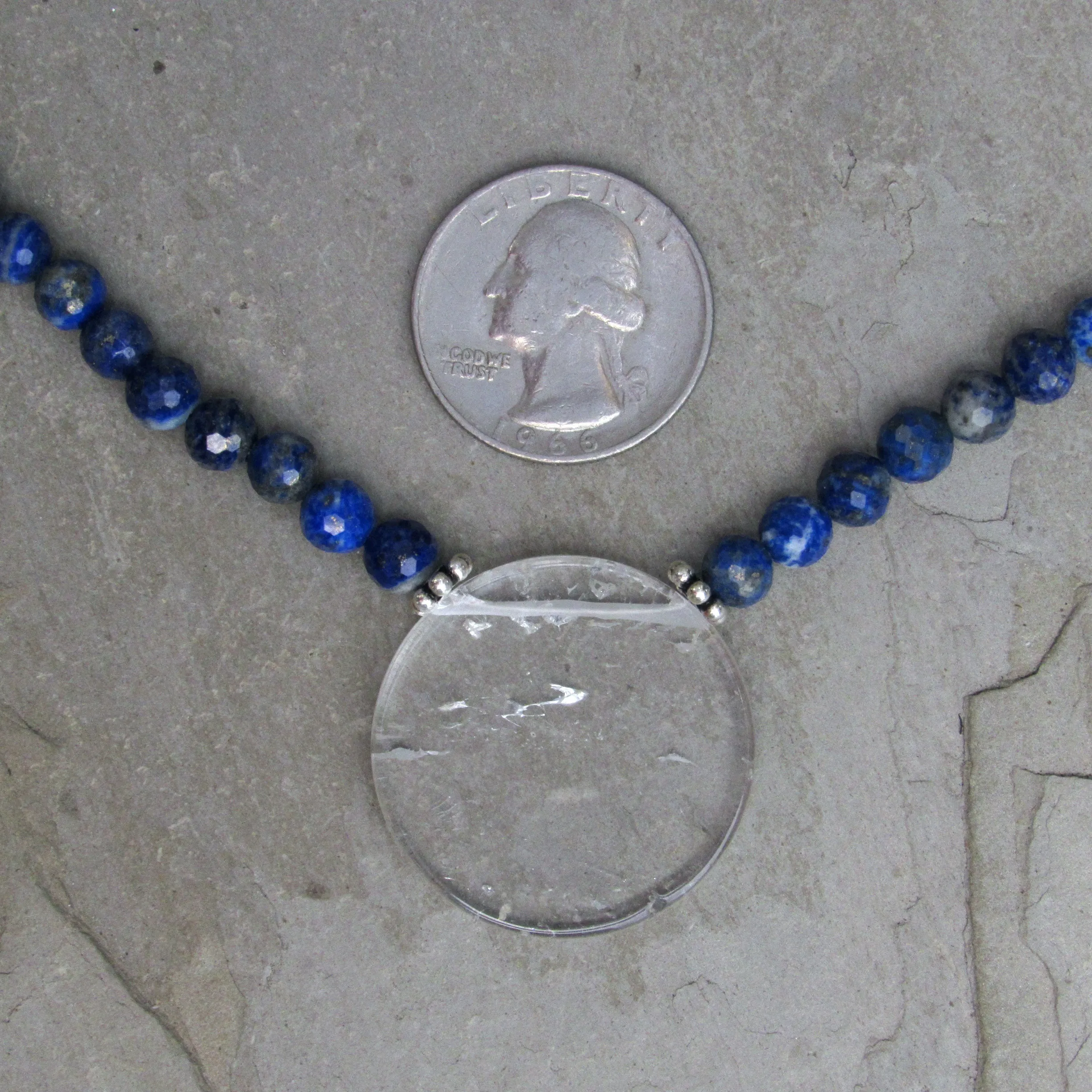 Lapis Lazuli and Clear Quartz gemstone disk Pendant necklaces