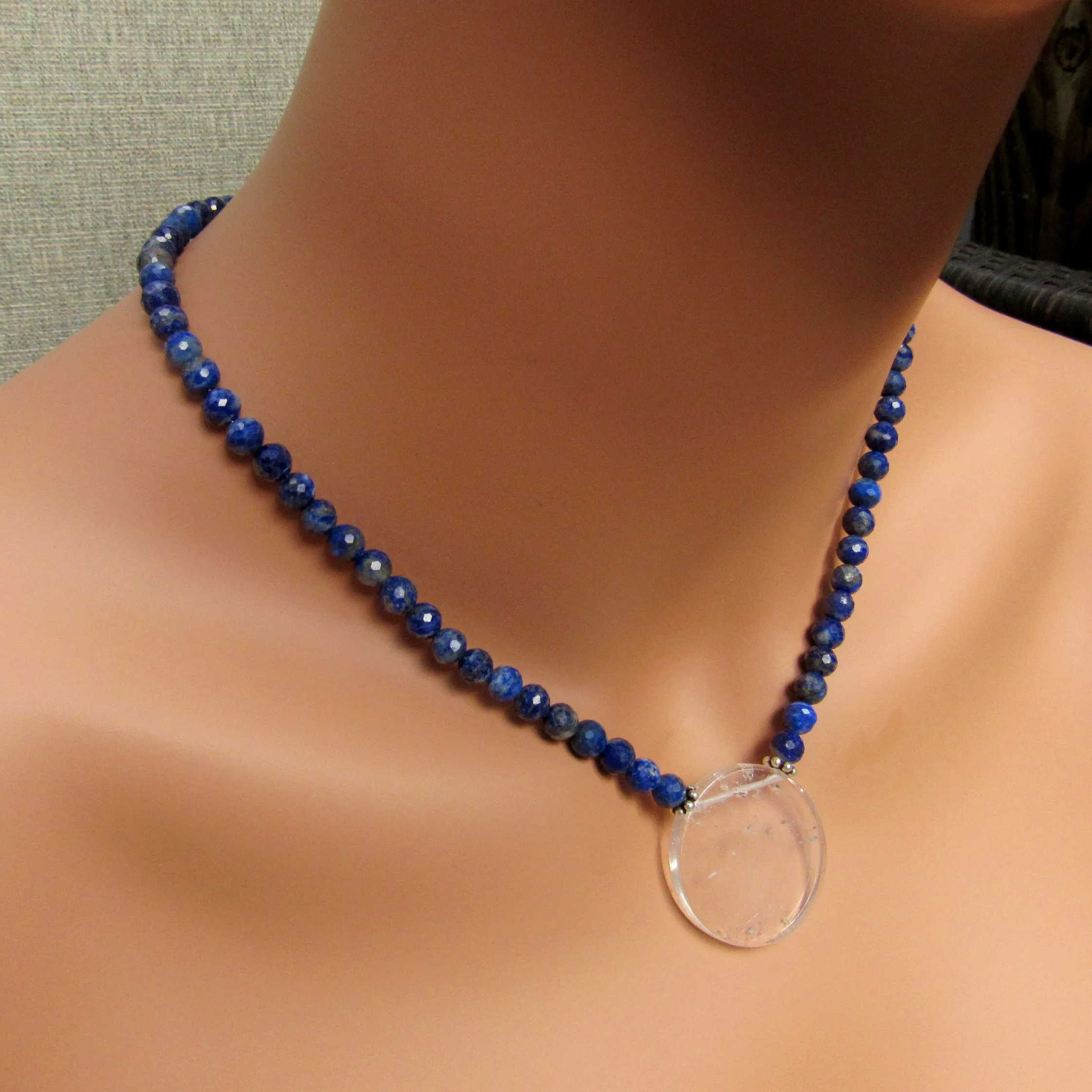 Lapis Lazuli and Clear Quartz gemstone disk Pendant necklaces