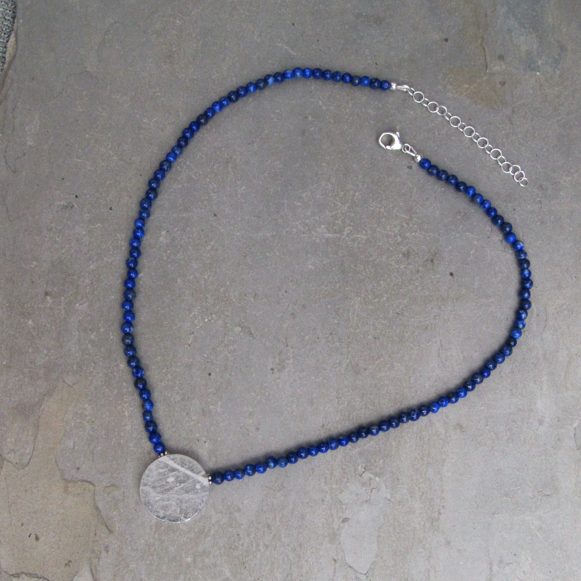 Lapis Lazuli and Clear Quartz gemstone disk Pendant necklaces