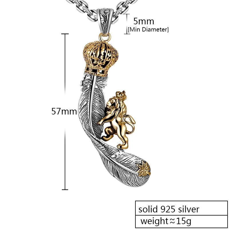 Lion with Crown Feather 925 Sterling Silver Vintage Steampunk Biker Pendant Necklace