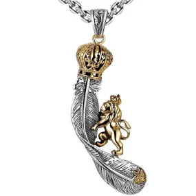 Lion with Crown Feather 925 Sterling Silver Vintage Steampunk Biker Pendant Necklace