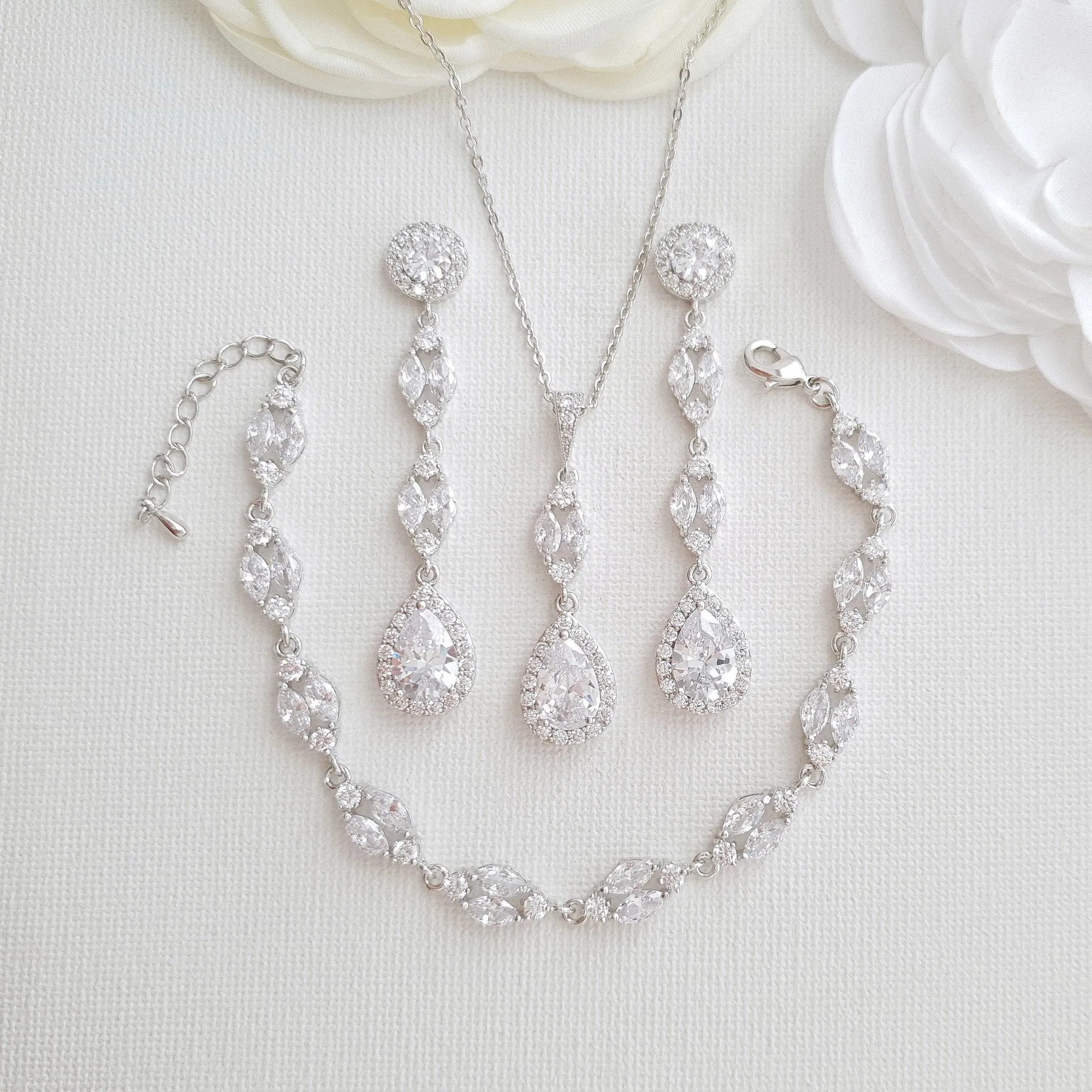 Long Earrings Drop Necklace & Bracelet Bridal Jewelry Set- Hayley