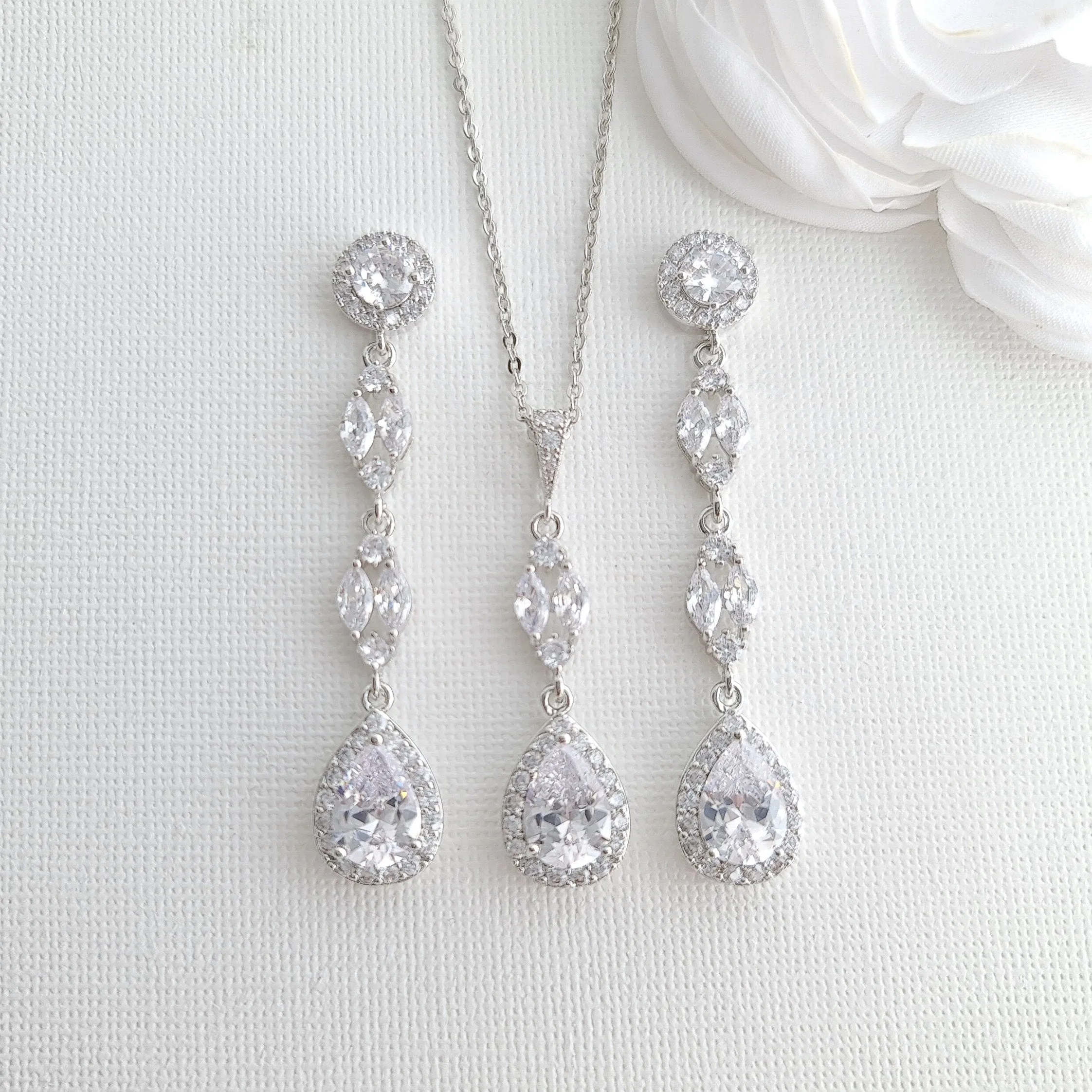 Long Earrings Drop Necklace & Bracelet Bridal Jewelry Set- Hayley