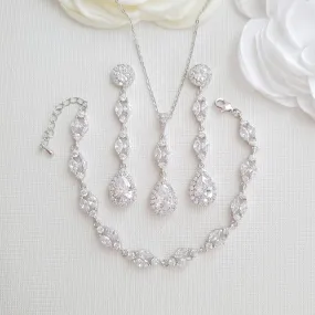 Long Earrings Drop Necklace & Bracelet Bridal Jewelry Set- Hayley