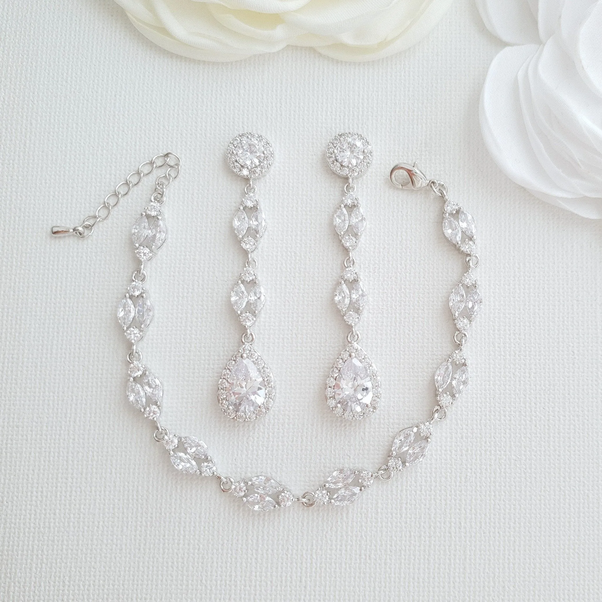 Long Earrings Drop Necklace & Bracelet Bridal Jewelry Set- Hayley